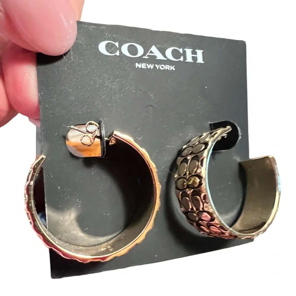 Coach NWT Beautiful Statement Gold Tone Rhinestone Adorned Thick Hoop Earrings - Picture 2 of 5